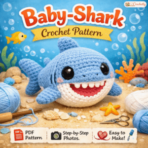Baby Shark inspired crochet pattern featuring a cute handmade shark amigurumi, ocean-themed crochet toy design, digital PDF crochet pattern for DIY crafters.