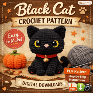 Black Cat Crochet Pattern PDF digital download for cute amigurumi cat with step-by-step instructions.