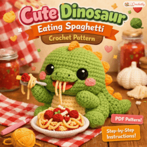 Cute dinosaur eating spaghetti crochet pattern