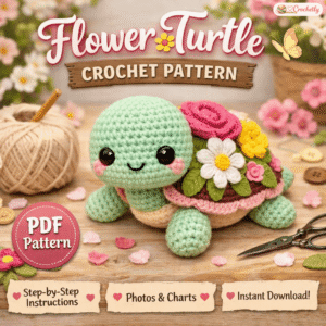 Flower Turtle Crochet Pattern PDF digital download featuring a cute amigurumi turtle with a beautiful floral shell.