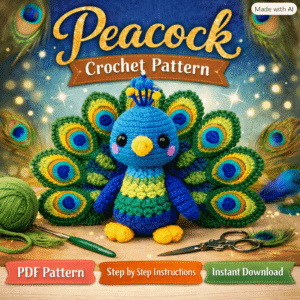 Peacock Crochet Pattern digital PDF featuring a handmade crocheted peacock