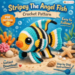 Stripey The Angel Fish crochet pattern featuring a cute handmade crochet fish design, sea animal amigurumi digital pattern