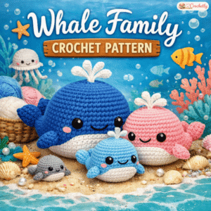 Whale Family Crochet Pattern PDF featuring cute handmade crochet whale family, sea animal amigurumi crochet project and ocean-themed DIY pattern