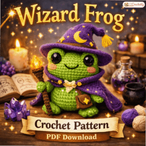 Wizard frog crochet pattern PDF featuring a cute magical frog amigurumi
