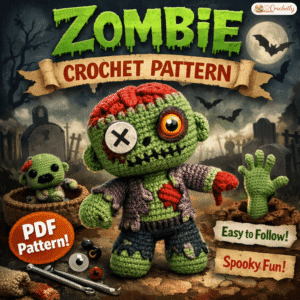 Zombie crochet pattern digital PDF featuring a spooky handmade crochet zombie amigurumi